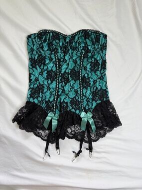 Frederick’s Teal and Black Lace Bustier Corset size 36